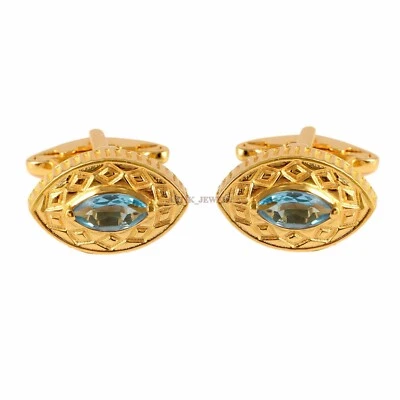 Натуральный голубой топаз драгоценный камень с позолотой серебро 925 пробы запонка #2025 - Изображение 1 из 4