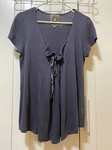 MK2K LA Women Short Sleeve Cotton/Rayon Gathered Flared Tied Front Top SZ S Grey - Picture 1 of 8