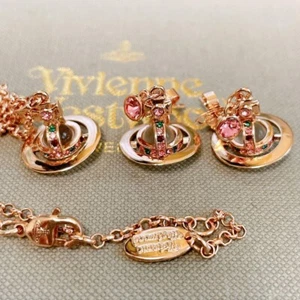 Vivienne Westwood Necklace Earrings Set Petite Orb Pink Gold No Box Japan New - Picture 1 of 2