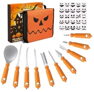 Halloween Pumpkin Carving Set 10Pcs Stainless Steel with Bag and Stencil Kit - Picture 1 of 11