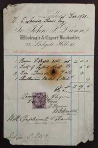 1900 John F. Dunn, 23 Ludgate Hill, Londres - Recibo de librero al por mayor - Imagen 1 de 1