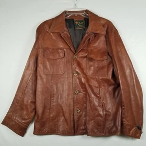 Vintage Reed Sportswear Leather Jacket Mens 46 Brown Lightweight Button Up Coat - Picture 1 of 19