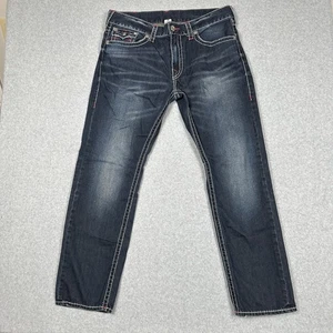True Religion Jeans Mens 38 Dark Wash Blue Distressed Straight Slim RN 112790 - Picture 1 of 18