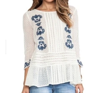 Free People cream top Jocelyn Boho Lace Embroidered Pleated Bell Sleeves size M - Picture 1 of 14