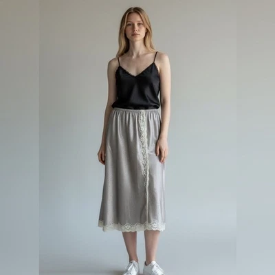 Christian Dior Vintage Satén Gris Lunares Encaje Ribete Slip Falda Enagua Foto 1 de 4