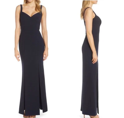 Eliza J Double Slit Column Maxi Dress Crepe Gown Navy Women 10 Prom Formal - Image 1 of 4