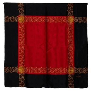 Chanel Authentic Scarf CC Mark Chain Pattern Black Red Gold-tone Silk 84x84.5cm - Picture 1 of 5