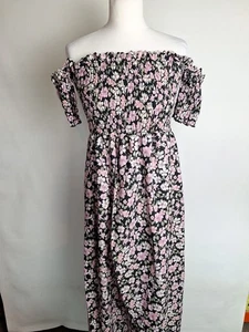 Boohoo Maxi Dress Ditsy Floral Bardot Size 10 Black/pink New Elastic Top Maxi - Picture 1 of 9