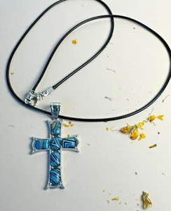 Blue Calcite Silver Cross On Black Cord ~ 291 - Picture 1 of 4