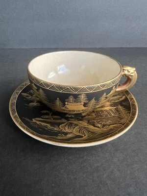Antique 19th century Japanese Satsuma Hodota black & gold cup and saucer set - Image 1 of 4