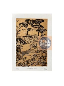 limited edition linoprint, gold and black landschaftskunst, gold, Bäume, Bienen, Kunst - Bild 1 von 5