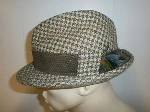 vtg TOWNCRAFT HAT Houndstooth Check Brown Tan Wool Fedora Feather Corduroy Band - Picture 1 of 5