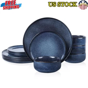 Stoneware Dinnerware Set 12 Pc Reactive Glaze Microwave Dishwasher Safe Kitchen - Picture 1 of 7