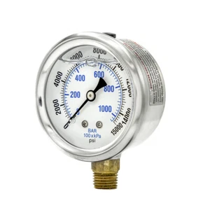 Liquid Filled Lower Mount Pressure Gauge with 2.5" Dial,0-15000PSI, 1/4"Male NPT - Picture 1 of 8