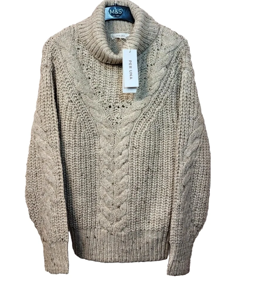 D3 M&s per Una Grey Fleck Cable Roll Neck Jumper Size Medium