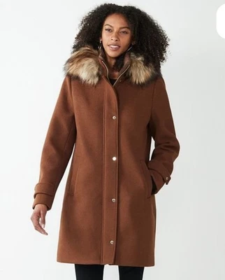 Casaco feminino Nine West com capuz de pele sintética mistura de lã ervilha, tamanho: médio, marrom médio - Imagem 1 de 4