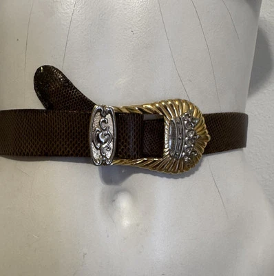 JUDITH LEIBER Oro Taupe PIEL DE SERPIENTE Cuero Ajustable CINTURÓN Corona Hebilla Firmado M Foto 1 de 4