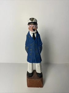 Statuina nautica capitano marinaio in legno intagliato a mano vintage 12" cappotto blu - Foto 1 di 9