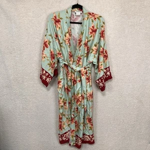 Soft Surroundings Robe Womens PS Green Peach Floral Kimono Sleeves Belted USA - Picture 1 of 10