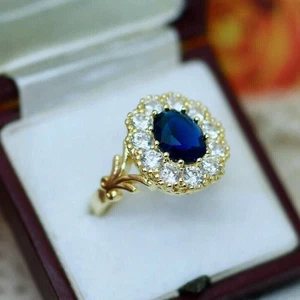 3.75 Ct Oval Cut Blue Sapphire Diamond 14K Solid Yellow Gold - Picture 1 of 5