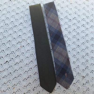 Vtg Yves Saint Laurent YSL Classic Slim 3" Wool Neck Tie Plaid Lot of 2 - 54" - Image 1 of 4