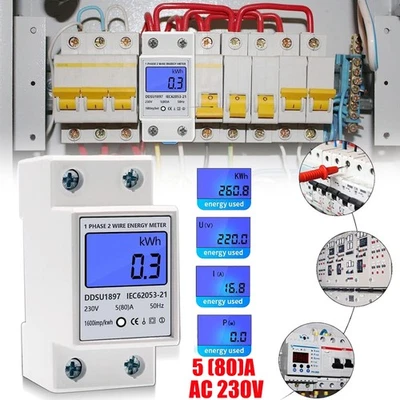 LCD Wechselstromzähler Stromzähler Geeicht Für DIN Hutschiene 5 (80)A AC 230V DE - Bild 1 von 4