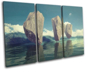 Floating Rocks Lake Surrealism Fantasy TREBLE CANVAS WALL ART Picture Print - Picture 1 of 1