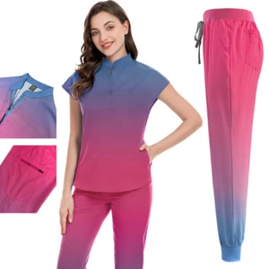 NiaaHinn Nursing Uniform Women Scrub Set Zip Top Jogger Pant Medical Gradient - Picture 1 of 37
