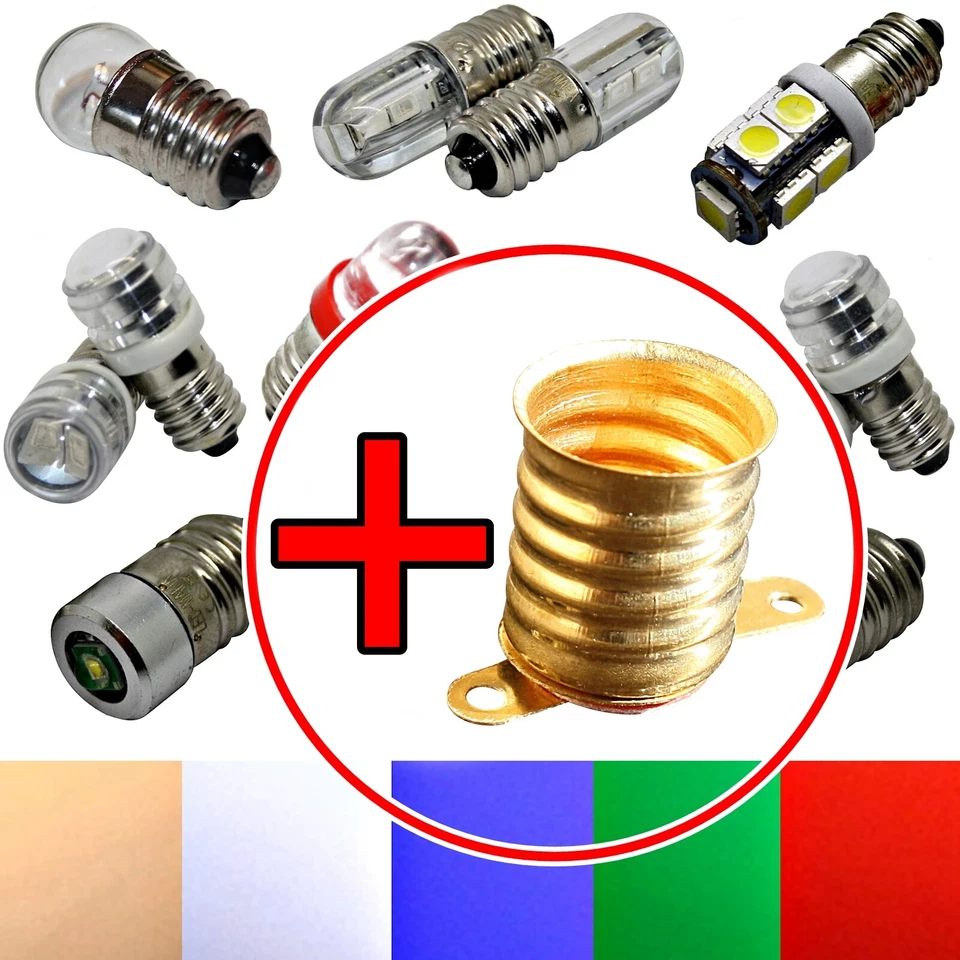 E10 LED + Socket - 6V 12V - Screw Mount Replacement Lamp Energy saving White Red - Image 1 of 1