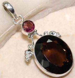 Ciondolo in argento sterling 925 con topazio fumé naturale 2 ct e ametista gioielli @15-4 - Foto 1 di 1