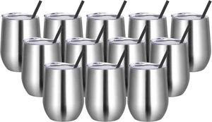 Wine Tumblers Bulk 12 Pack, 12Oz Stainless Steel Stemless Wine Glass with Lids a - Picture 1 of 12