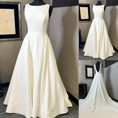 Simple Satin Wedding Dresses Scoop Neck Backless Button Back Style Bridal Gowns - Image 1 of 4