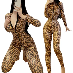Women Zipper Open Crotch Catsuit Jumpsuits Sexy Slim Leopard Leather Bodysuits - Foto 1 di 16