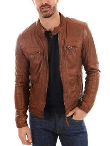 New Men's Genuine Lambskin Leather Jacket TAN Slim Fit Biker Motorcycle Jacket - Picture 1 of 2