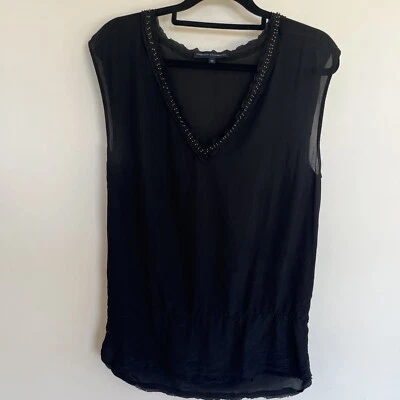 FRENCH CONNECTION [SZ 10] Black 100% Silk Tank Top V-Neck Bead Detail Frayed Hem - image 1 of 4