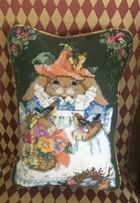 Unique Handmade Wool Needlepoint Mama Bunny Throw Pillow 14.75”x10.5” Custom Zip - Image 1 of 4