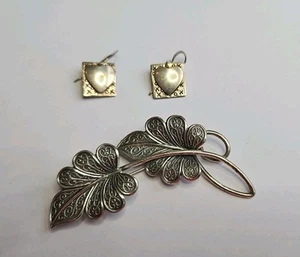 Vtg. Signed Beau Sterling Silver Double Leaf Brooch & Silver Earrings 425-35 - Picture 1 of 5