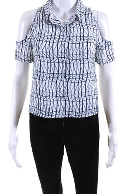 Top O2nd For Scoop NYC Mujer Botón Frontal Hombro Frío Blanco Azul Talla 2 Foto 1 de 4