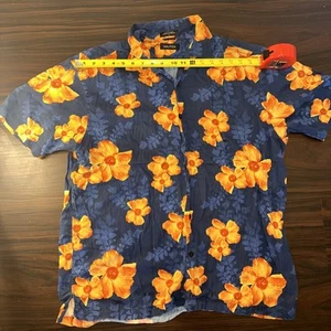 Nautica Hawaiian Shirt Men’s L Blue Orange Flowers Floral Short Tropical Y2K - Picture 1 of 6