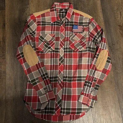 Red Ape Men’s Medium Plaid Button Down Flag Elbow Patches Y2K 90’s - Image 1 of 4