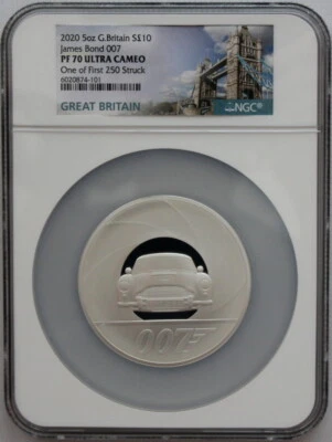 2020 5oz Silver Great Britain S10 James Bond 007 PF 70 Ultra Cameo One of First - Image 1 of 4