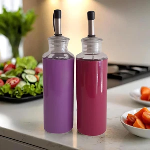 Set olio aceto vetro rivestito metallo smaltato, 2 dispenser dosatori condimento - Foto 1 di 6