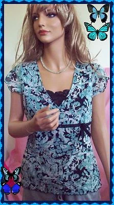 PM Emma James Blue Flw Mesh Lace Bling Empire Blouse Shirt Career Pullover Top - Image 1 of 4