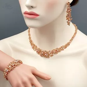 Damen ROSEVERGOLDET Kristall Halskette Ohrringe Armband Hochzeit Schmuck Set 4 - Bild 1 von 10