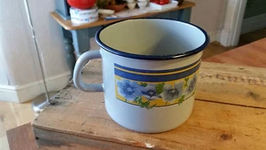 Vintage Pale Blue Enamel Large Drinking Mug – Flowers & Yellow Stripe – Great! - Picture 1 of 2