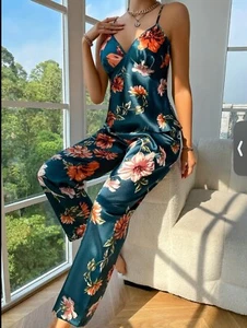 Elegant Floral Print Satin Pajama Set . V Neck Backless Cami Top & Elastic Pants - Picture 1 of 16