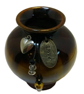 Kleine braune tropfende Keramik glasierte Vase Liebe Herz Perlen Charms ca. 4x3 Zoll - Bild 1 von 10