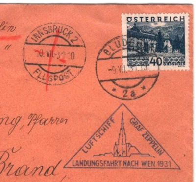 AUSTRIA GRAF ZEPPELIN Air Mail Cover Bludenz Innsbruck 1931 Friedrichshafen KZ9 - Image 1 of 4