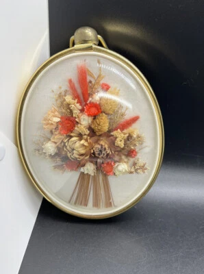 Dried Flowers Bouquet In Curved Glass Framed Wall Art Vintage Oval Ribbon Hanger - Image 1 of 4