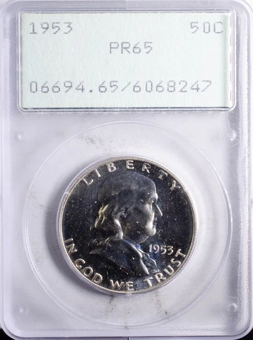 1953 Franklin Half PCGS PR65 OGH Rattler, Light Blue Toning Cover
